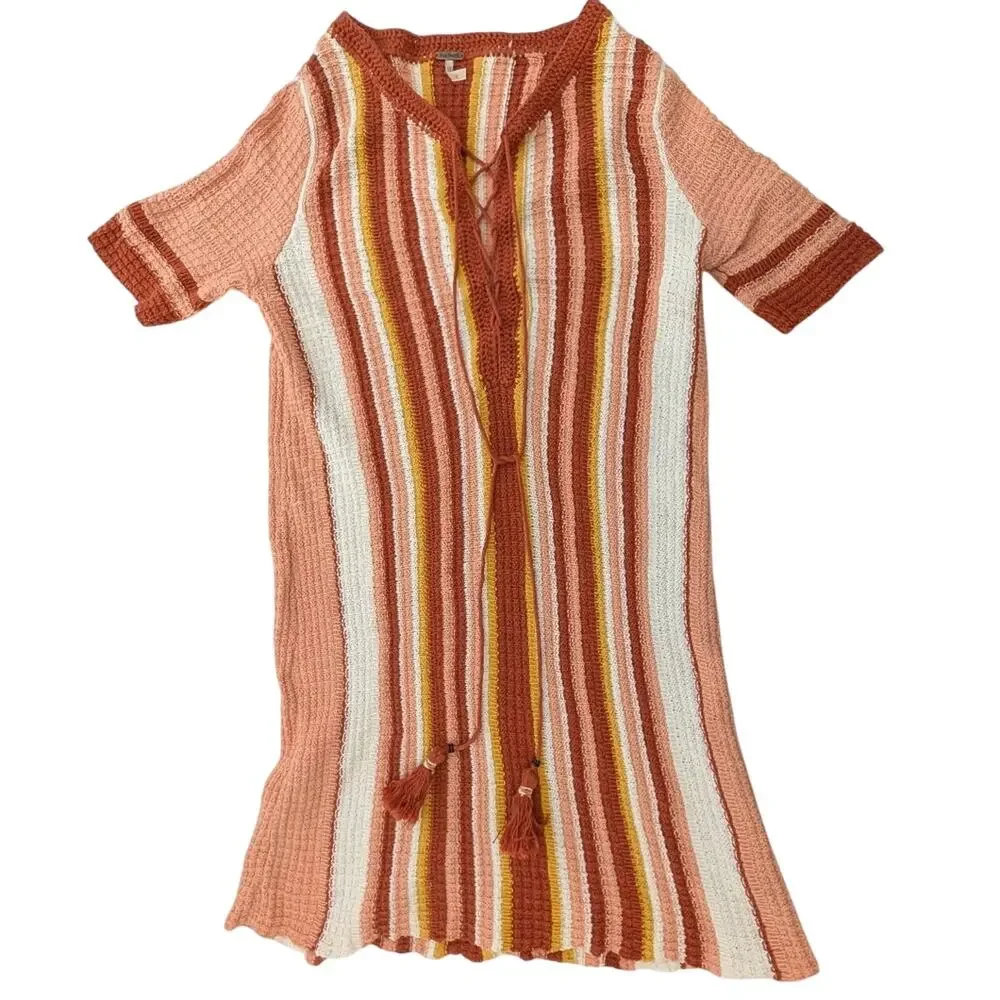 Free People LollyPop Knit Retro Mini V-Neck Dress Sunset Combo Stripe Size Small